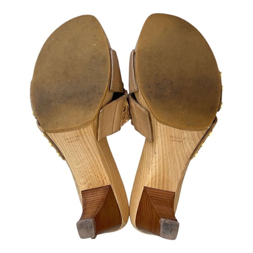 Stuart Weitzman Woven Leather Slide Sandals Wooden Heel Tan 8M Coastal Resort - Picture 8 of 8